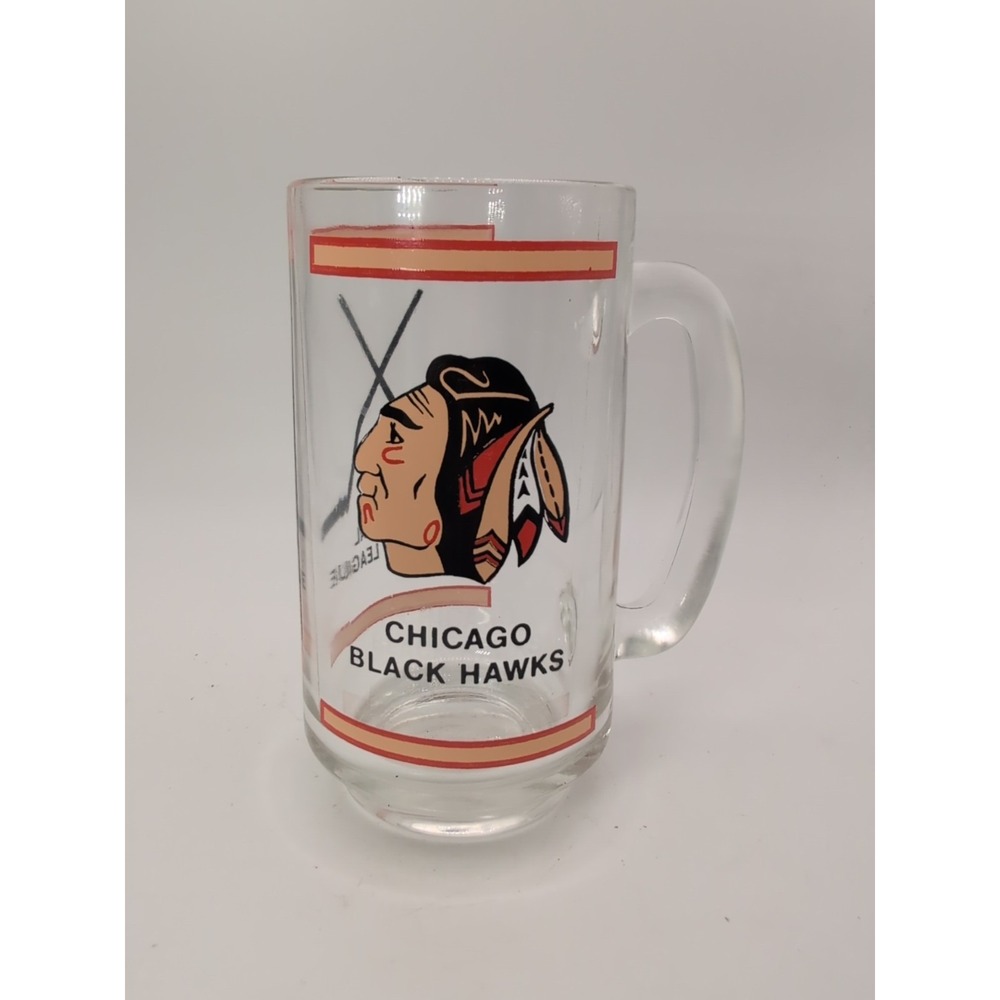 Vintage 1970/80s Chicago Blackhawks glass mug Stein cross Hockey Sticks 5.5" NHL